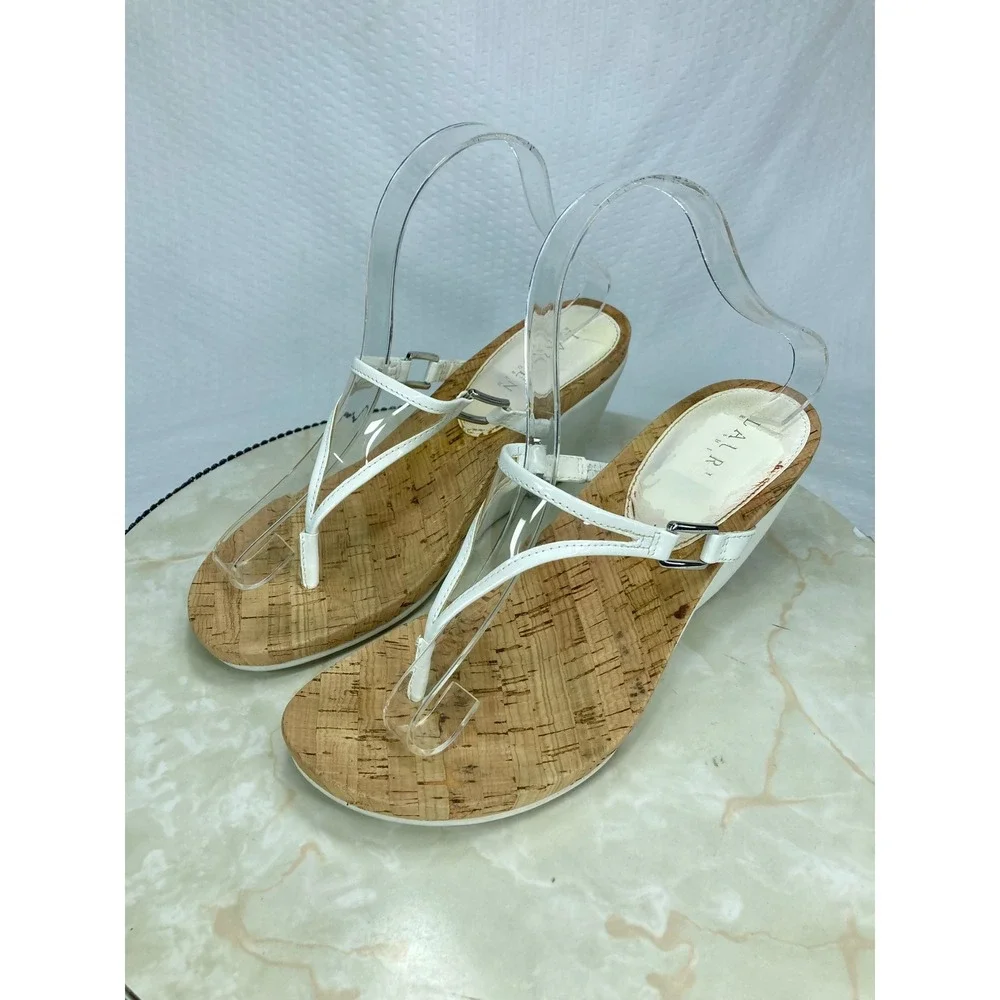 Lauren Ralph Lauren Rula Wedge Thong Sandals Women 8.5 White T-Strap Comfy Shoes
